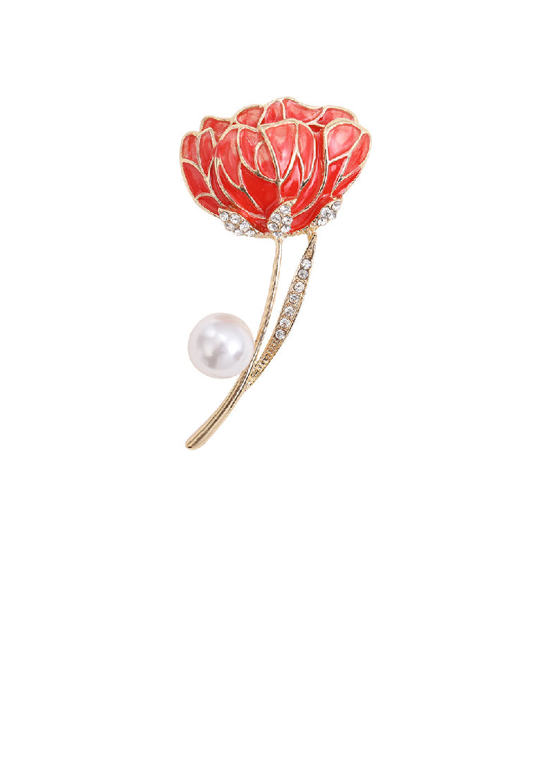 Fashion Elegant Plated Gold Enamel Pink Flower Imitation Pearl Brooch with Cubic Zirconia - Luxurious Look - Vibrant Color