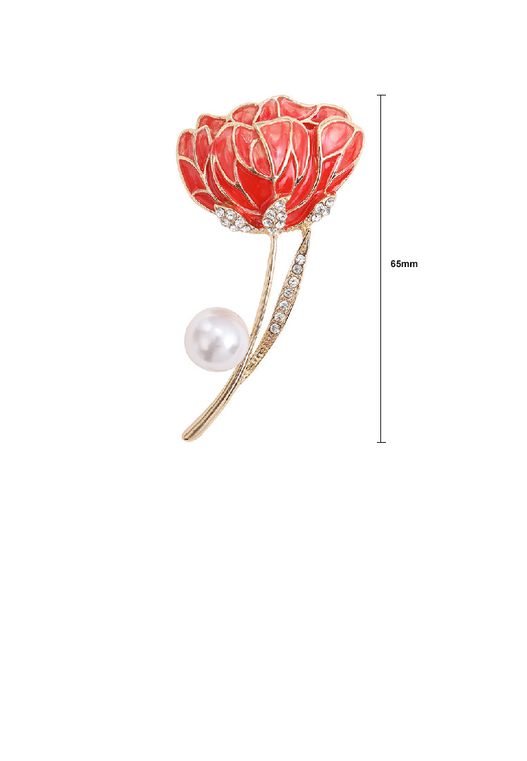 Fashion Elegant Plated Gold Enamel Pink Flower Imitation Pearl Brooch with Cubic Zirconia - Luxurious Look - Vibrant Color