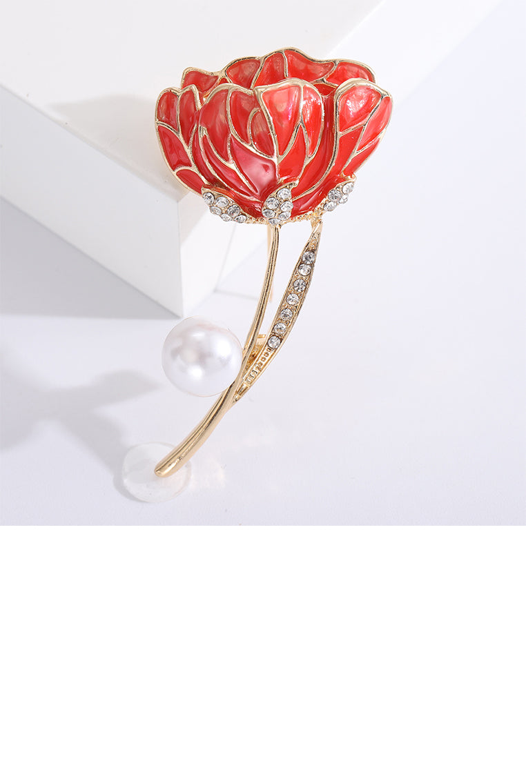 Fashion Elegant Plated Gold Enamel Pink Flower Imitation Pearl Brooch with Cubic Zirconia - Luxurious Look - Vibrant Color
