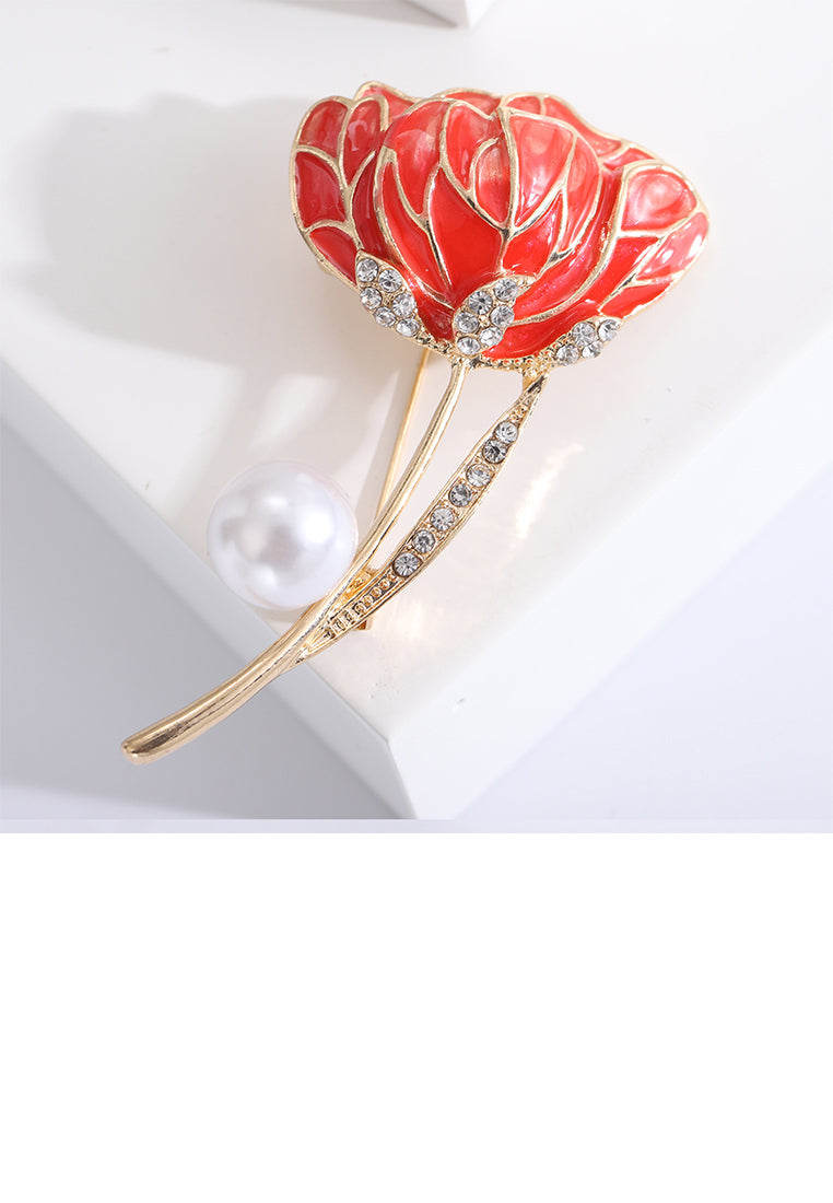 Fashion Elegant Plated Gold Enamel Pink Flower Imitation Pearl Brooch with Cubic Zirconia - Luxurious Look - Vibrant Color