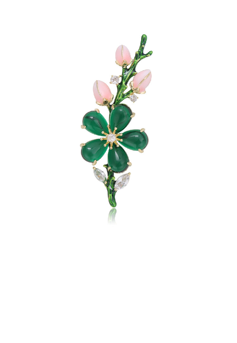 Elegant Fashion Plated Gold Floral Green Imitate Opal Brooch with Cubic Zirconia - Luxurious Look