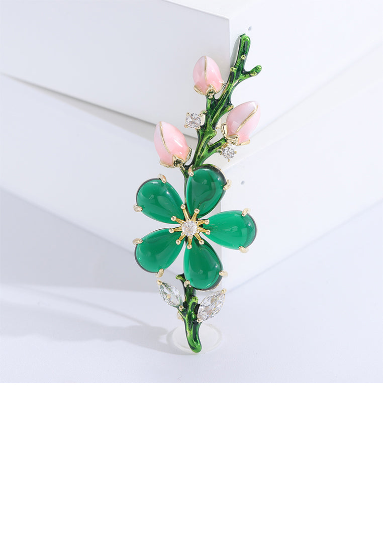 Elegant Fashion Plated Gold Floral Green Imitate Opal Brooch with Cubic Zirconia - Luxurious Look