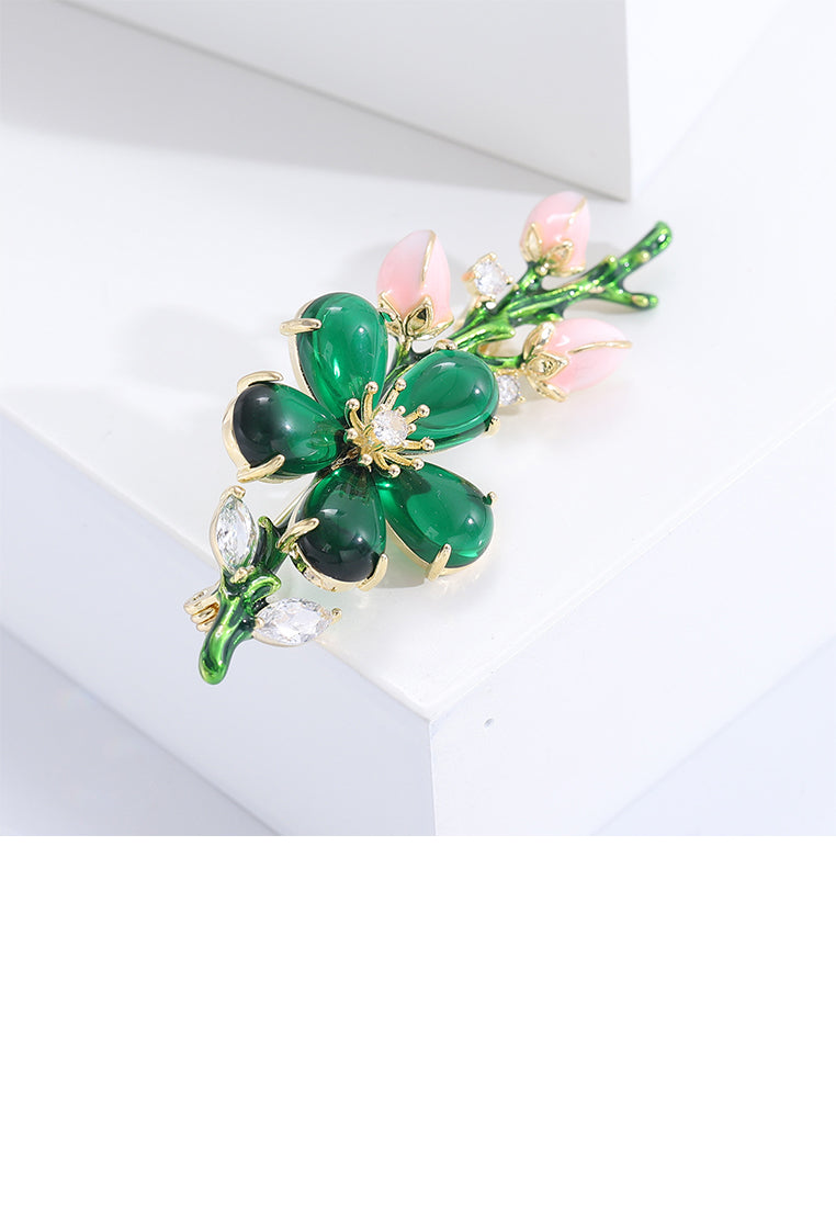 Elegant Fashion Plated Gold Floral Green Imitate Opal Brooch with Cubic Zirconia - Luxurious Look