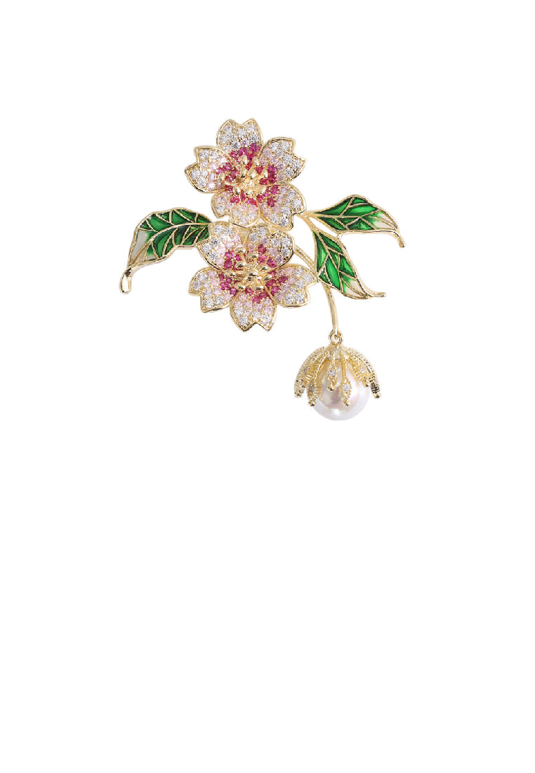 Elegant Brilliant Plated Gold Double Flower Imitation Pearl Brooch with Cubic Zirconia - Luxurious Look