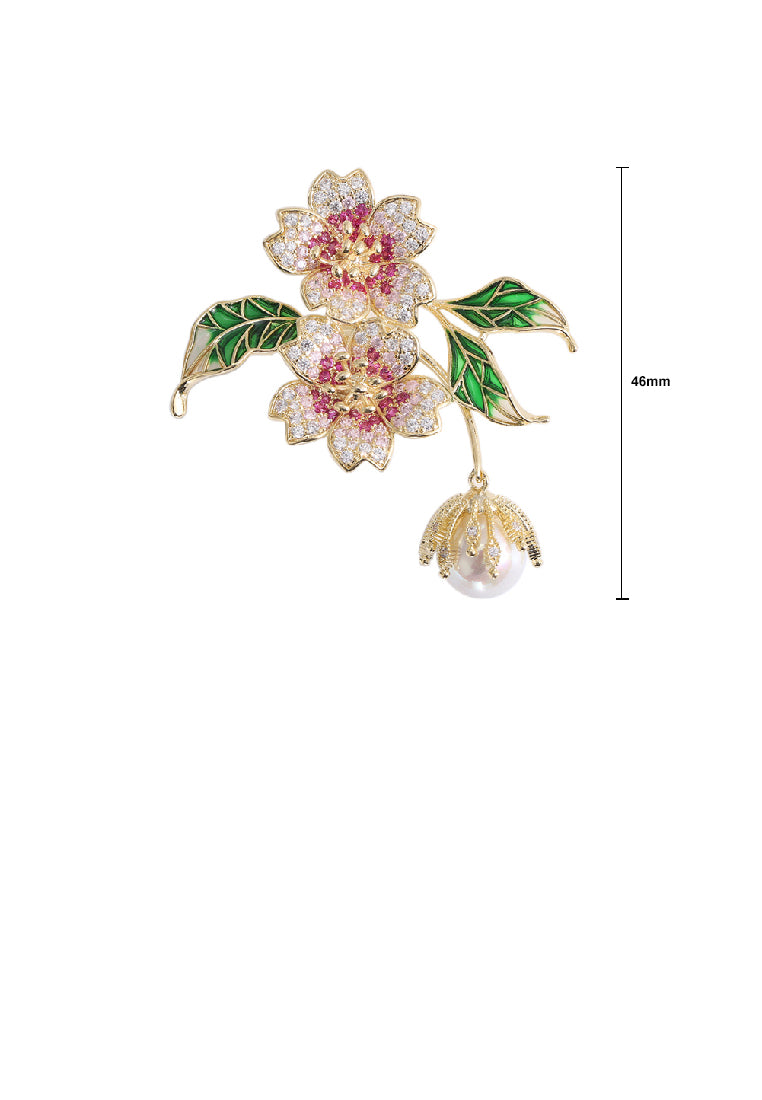 Elegant Brilliant Plated Gold Double Flower Imitation Pearl Brooch with Cubic Zirconia - Luxurious Look