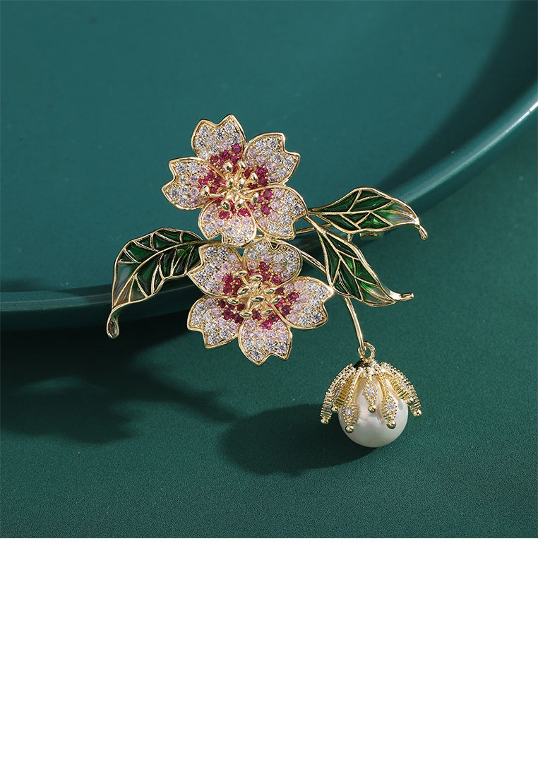 Elegant Brilliant Plated Gold Double Flower Imitation Pearl Brooch with Cubic Zirconia - Luxurious Look