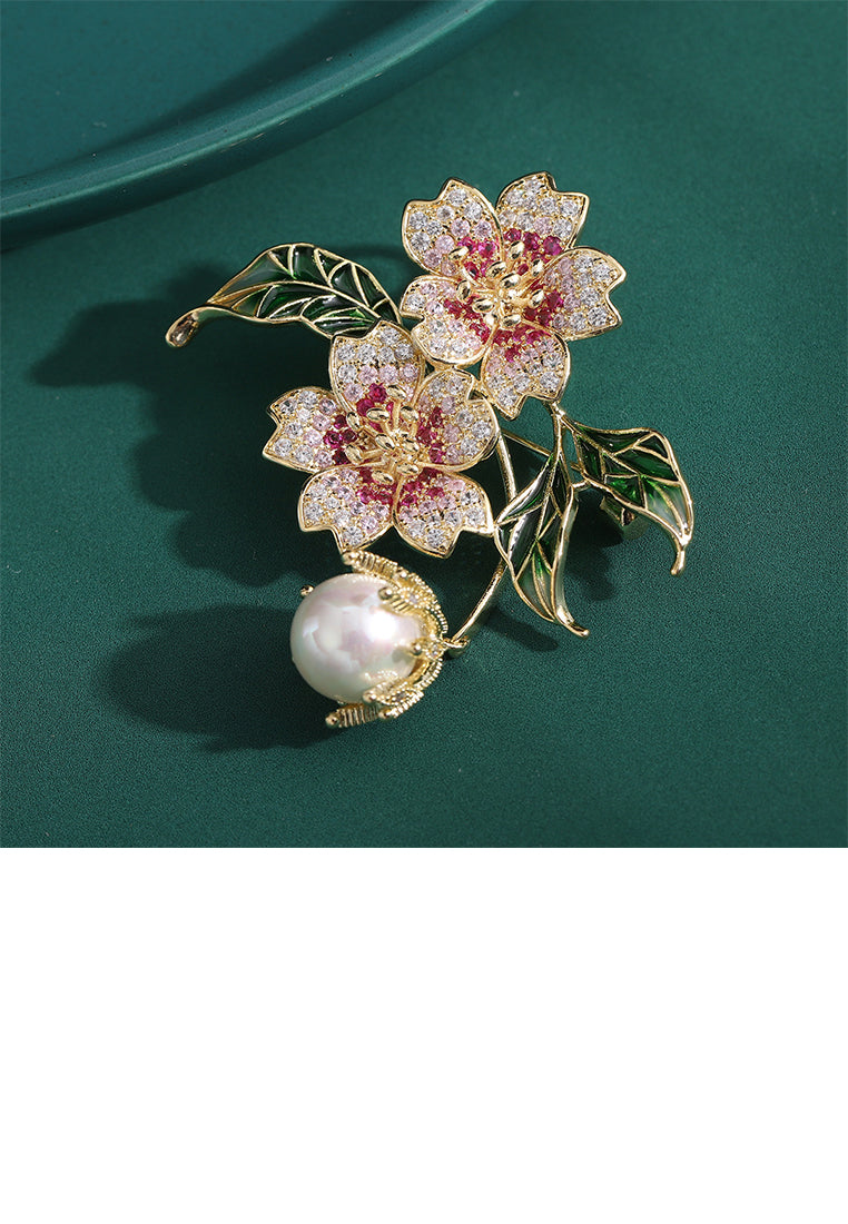 Elegant Brilliant Plated Gold Double Flower Imitation Pearl Brooch with Cubic Zirconia - Luxurious Look