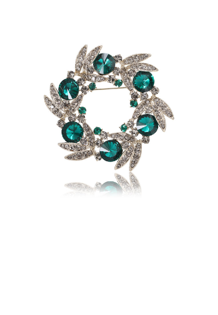 Fashion Elegant Plated Gold Wreath Brooch with Green Cubic Zirconia - Luxurious Look
