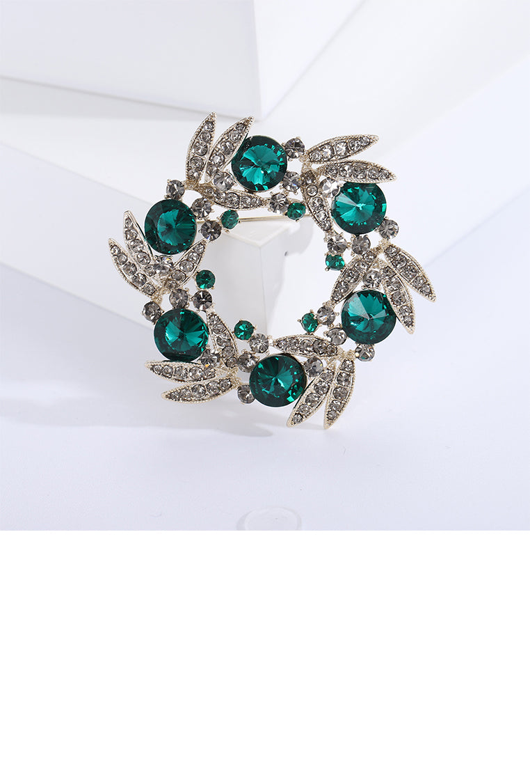 Fashion Elegant Plated Gold Wreath Brooch with Green Cubic Zirconia - Luxurious Look