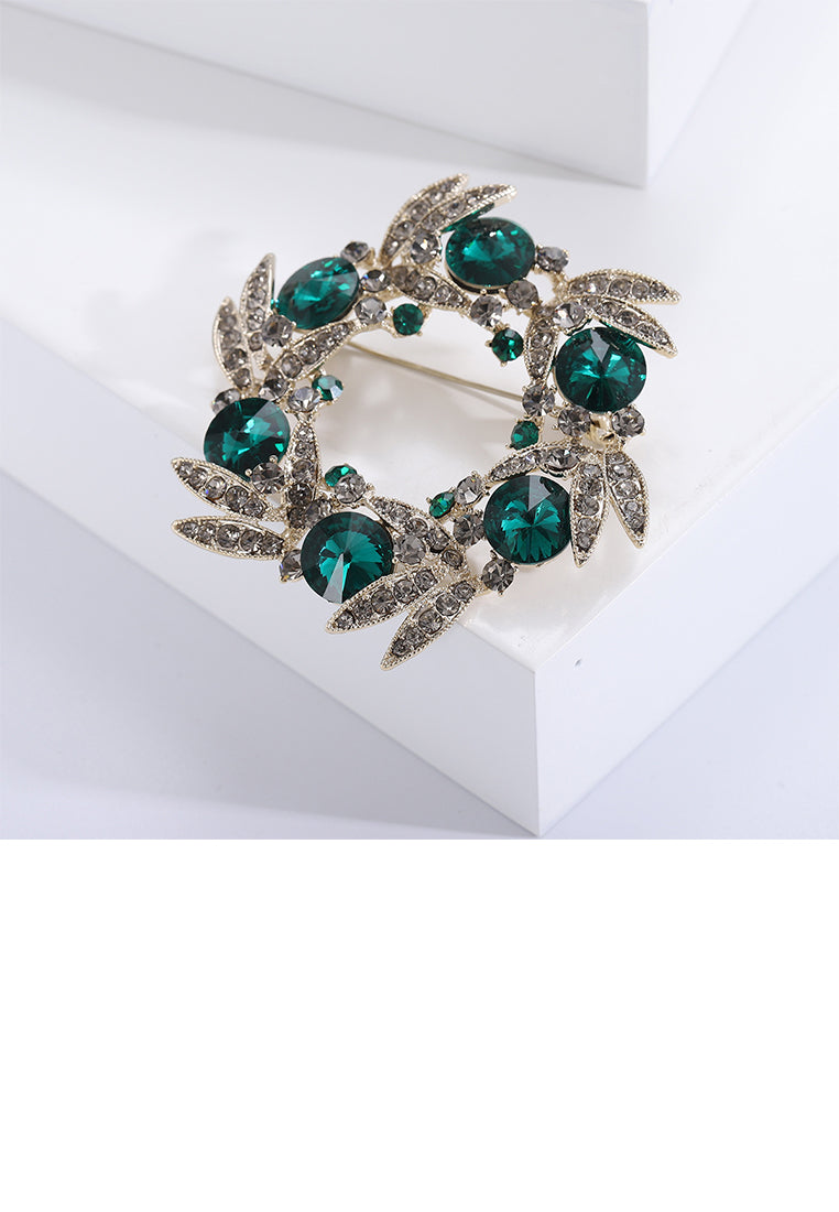 Fashion Elegant Plated Gold Wreath Brooch with Green Cubic Zirconia - Luxurious Look