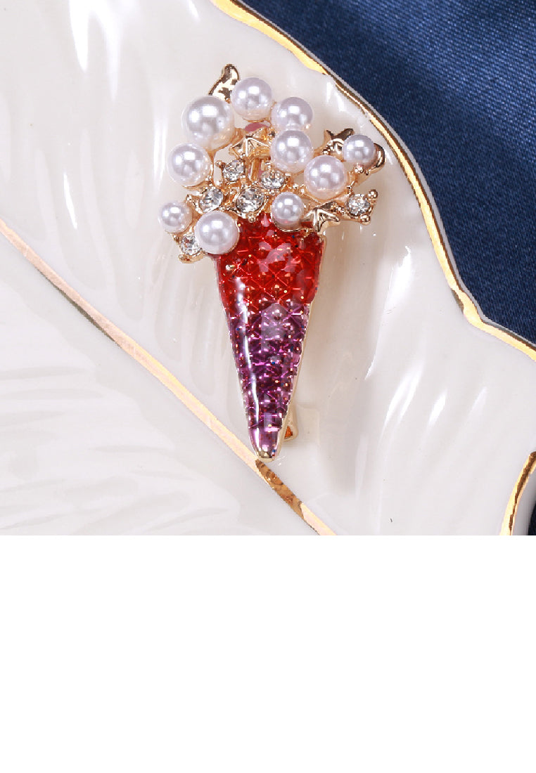 Simple and Lovely Plated Gold Ice Cream Imitation Pearl Brooch with Cubic Zirconia - Luxurious Look