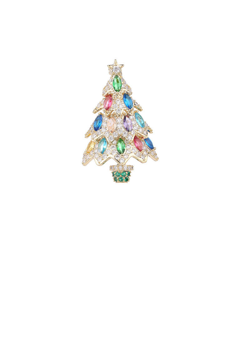 Simple Brilliant Plated Gold Christmas Tree Brooch with Colored Cubic Zirconia - Luxurious Look