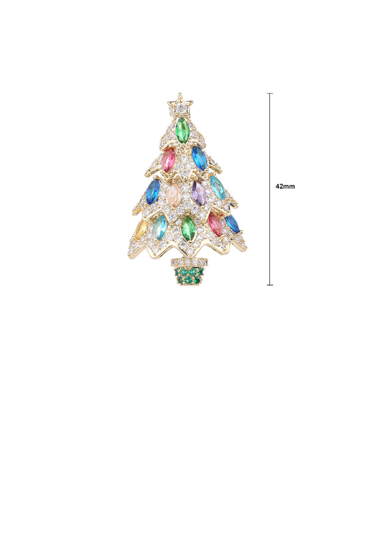 Simple Brilliant Plated Gold Christmas Tree Brooch with Colored Cubic Zirconia - Luxurious Look