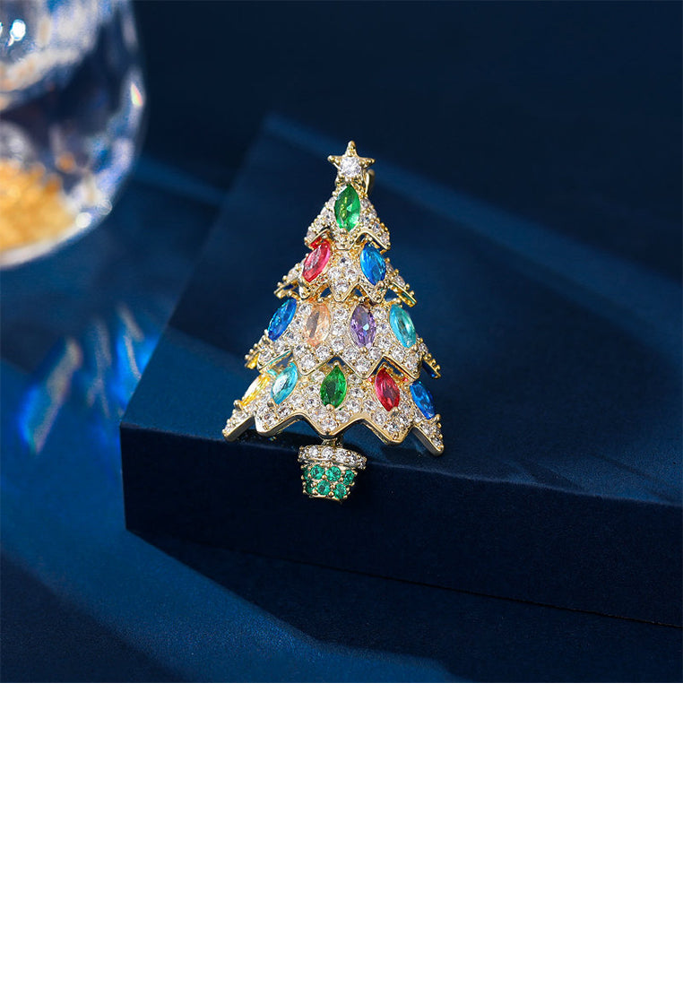 Simple Brilliant Plated Gold Christmas Tree Brooch with Colored Cubic Zirconia - Luxurious Look