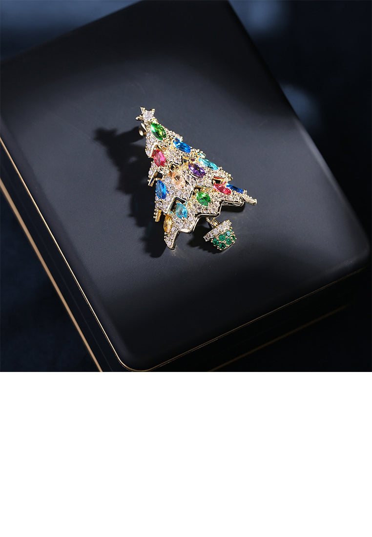 Simple Brilliant Plated Gold Christmas Tree Brooch with Colored Cubic Zirconia - Luxurious Look