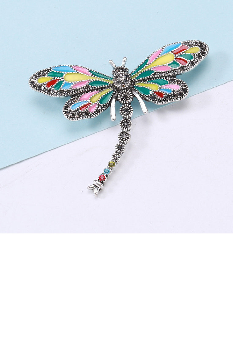 Elegant Vintage Enamel Colorful Dragonfly Brooch with Cubic Zirconia - Luxurious Look