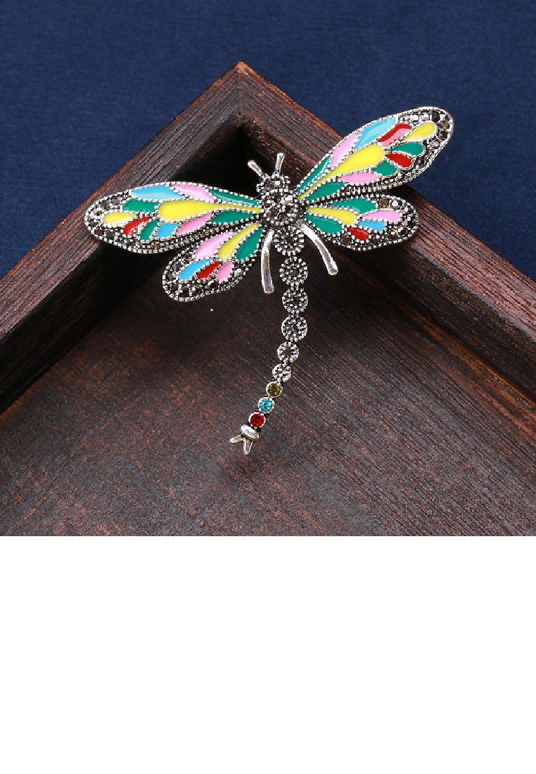 Elegant Vintage Enamel Colorful Dragonfly Brooch with Cubic Zirconia - Luxurious Look