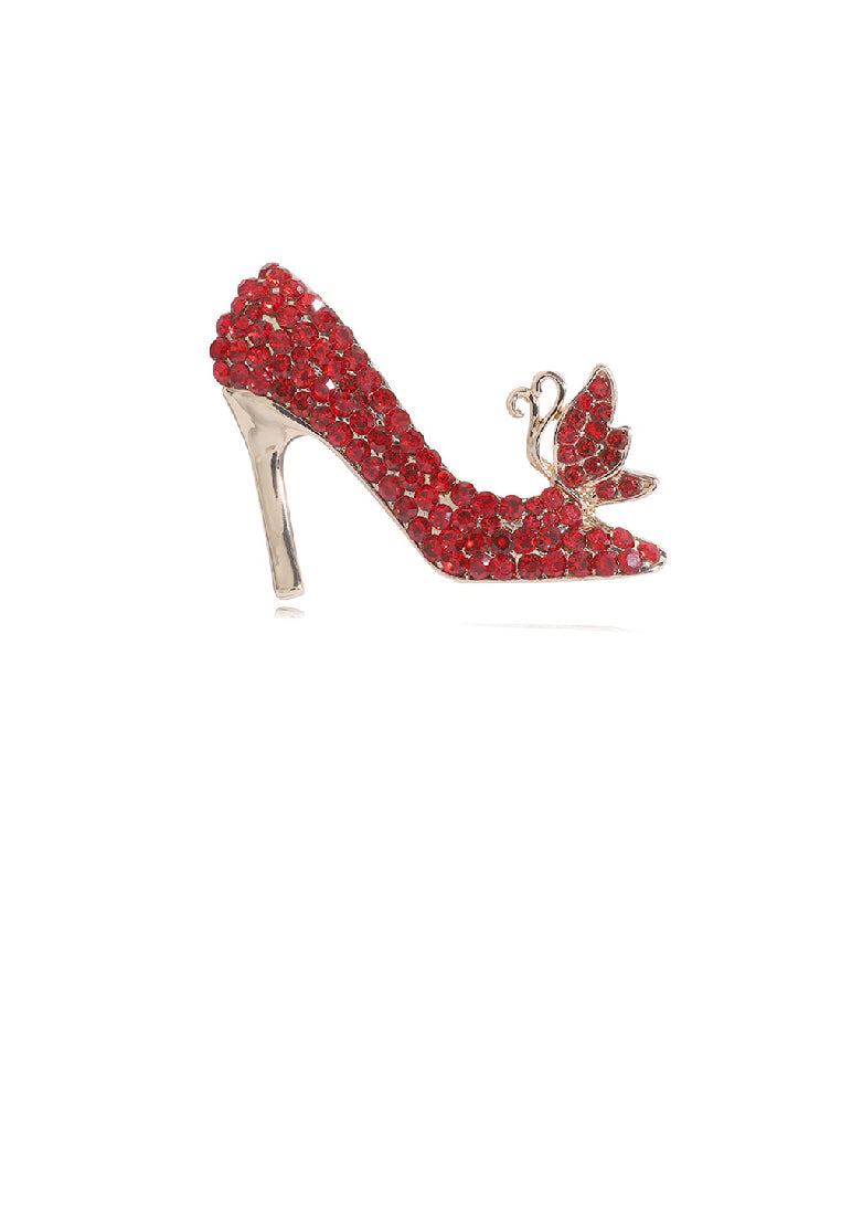 Fashion Brilliant Plated Gold High Heel Brooch with Red Cubic Zirconia - Luxurious Look - Vibrant Color