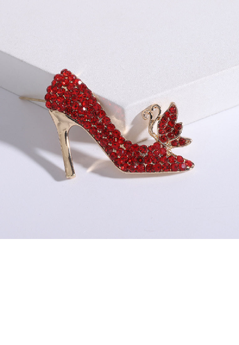 Fashion Brilliant Plated Gold High Heel Brooch with Red Cubic Zirconia - Luxurious Look - Vibrant Color