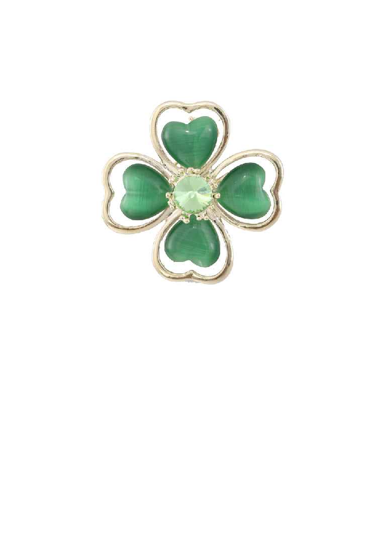 Fashion Simple Plated Gold Four-leafed Clover Imitation Green Opal Brooch