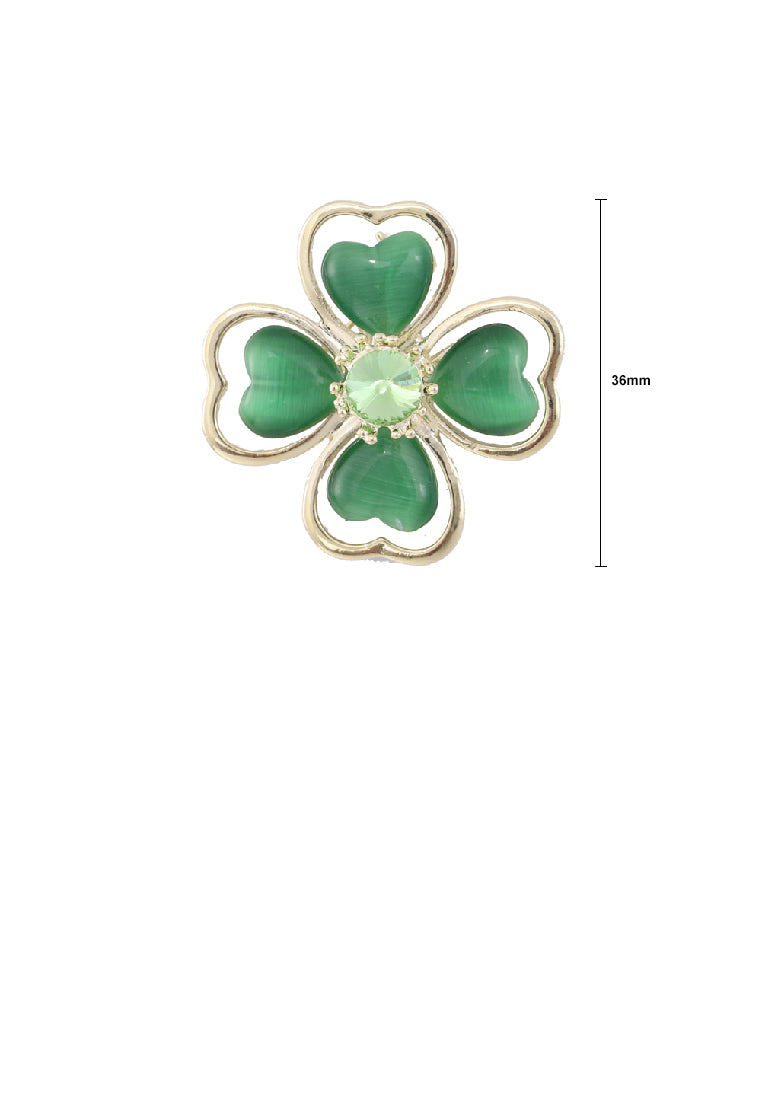 Fashion Simple Plated Gold Four-leafed Clover Imitation Green Opal Brooch