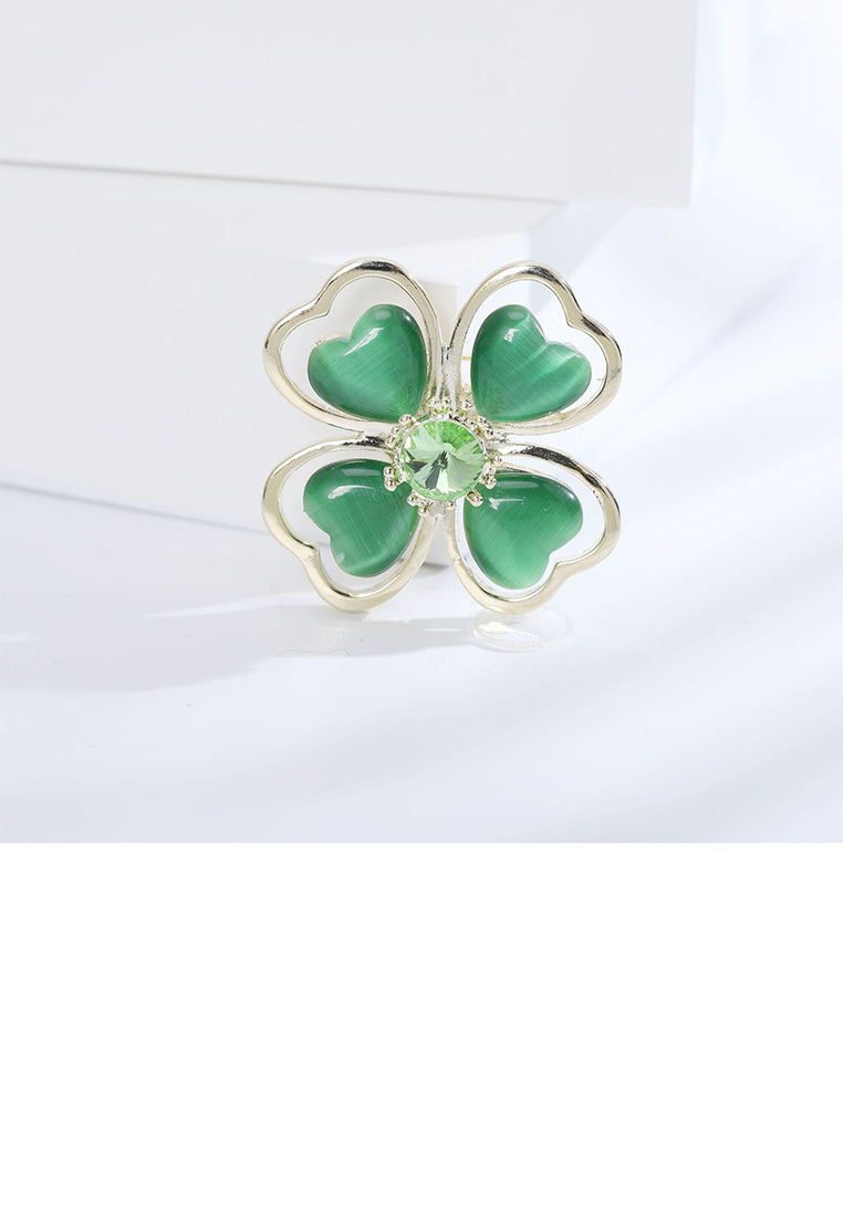 Fashion Simple Plated Gold Four-leafed Clover Imitation Green Opal Brooch