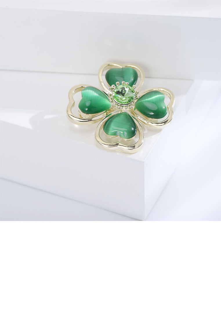 Fashion Simple Plated Gold Four-leafed Clover Imitation Green Opal Brooch