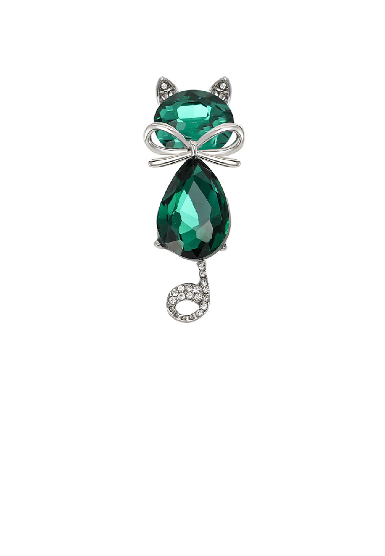 Simple and Cute Cat Brooch with Green Cubic Zirconia - Luxurious Look