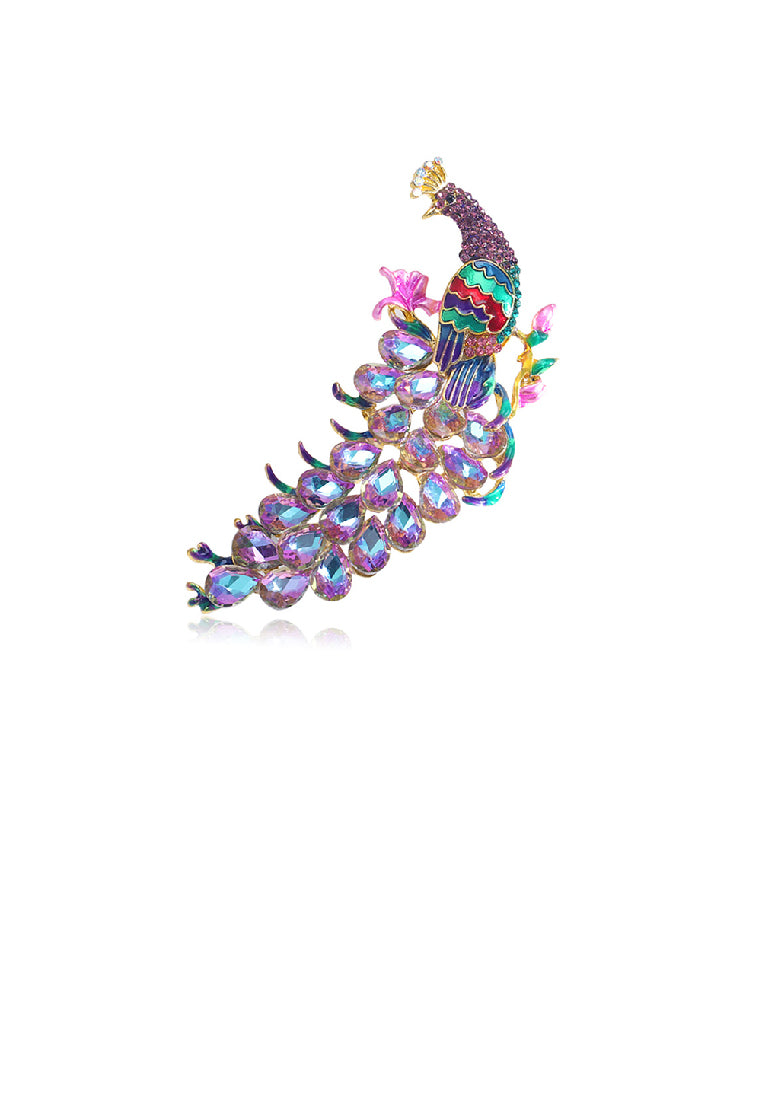 Elegant Vintage Plated Gold Peacock Brooch with Purple Cubic Zirconia - Luxurious Look