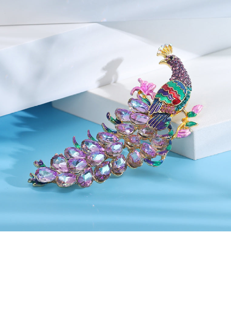 Elegant Vintage Plated Gold Peacock Brooch with Purple Cubic Zirconia - Luxurious Look