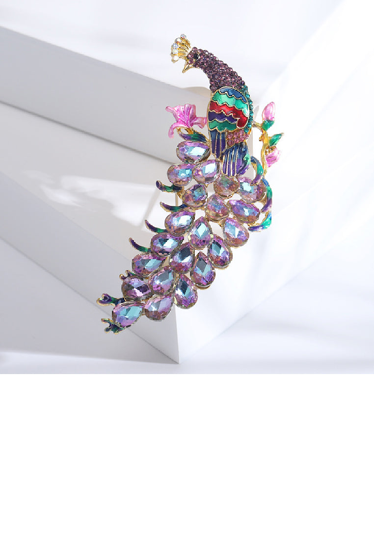 Elegant Vintage Plated Gold Peacock Brooch with Purple Cubic Zirconia - Luxurious Look