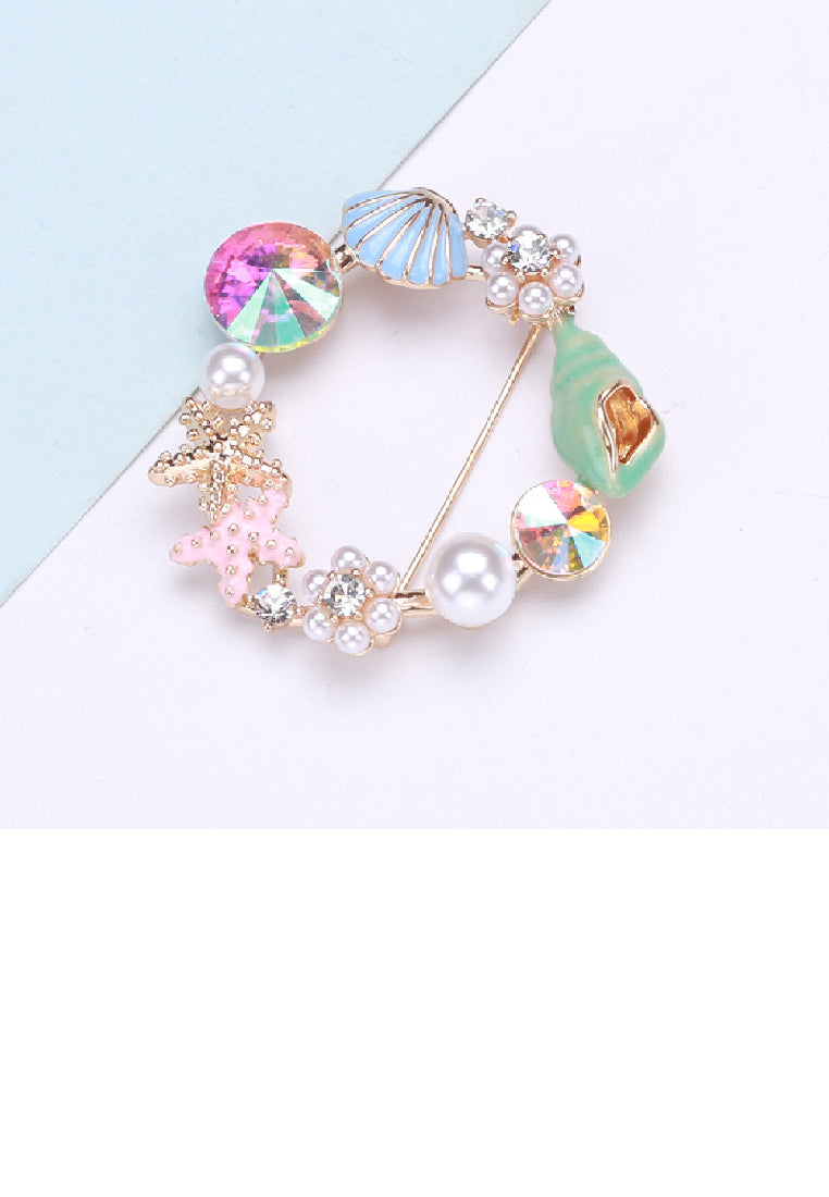 Fashion Creative Plated Gold Shell Starfish Imitation Pearl Brooch with Cubic Zirconia - Luxurious Look