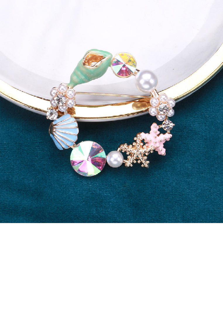 Fashion Creative Plated Gold Shell Starfish Imitation Pearl Brooch with Cubic Zirconia - Luxurious Look