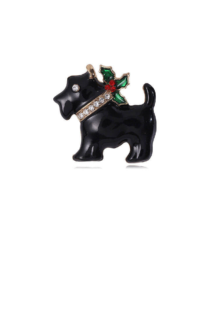 Simple Lovely Plated Gold Enamel Black Christmas Dog Brooch with Cubic Zirconia - Luxurious Look