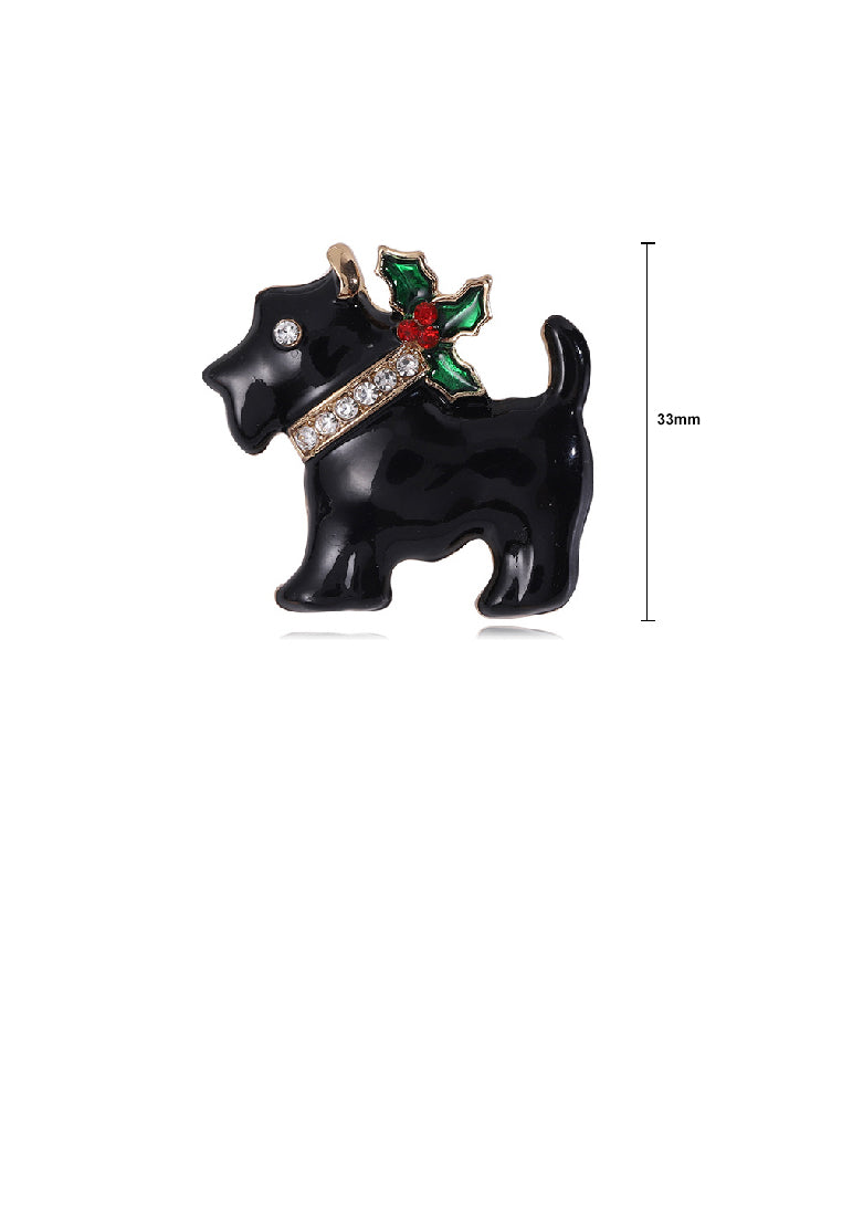 Simple Lovely Plated Gold Enamel Black Christmas Dog Brooch with Cubic Zirconia - Luxurious Look