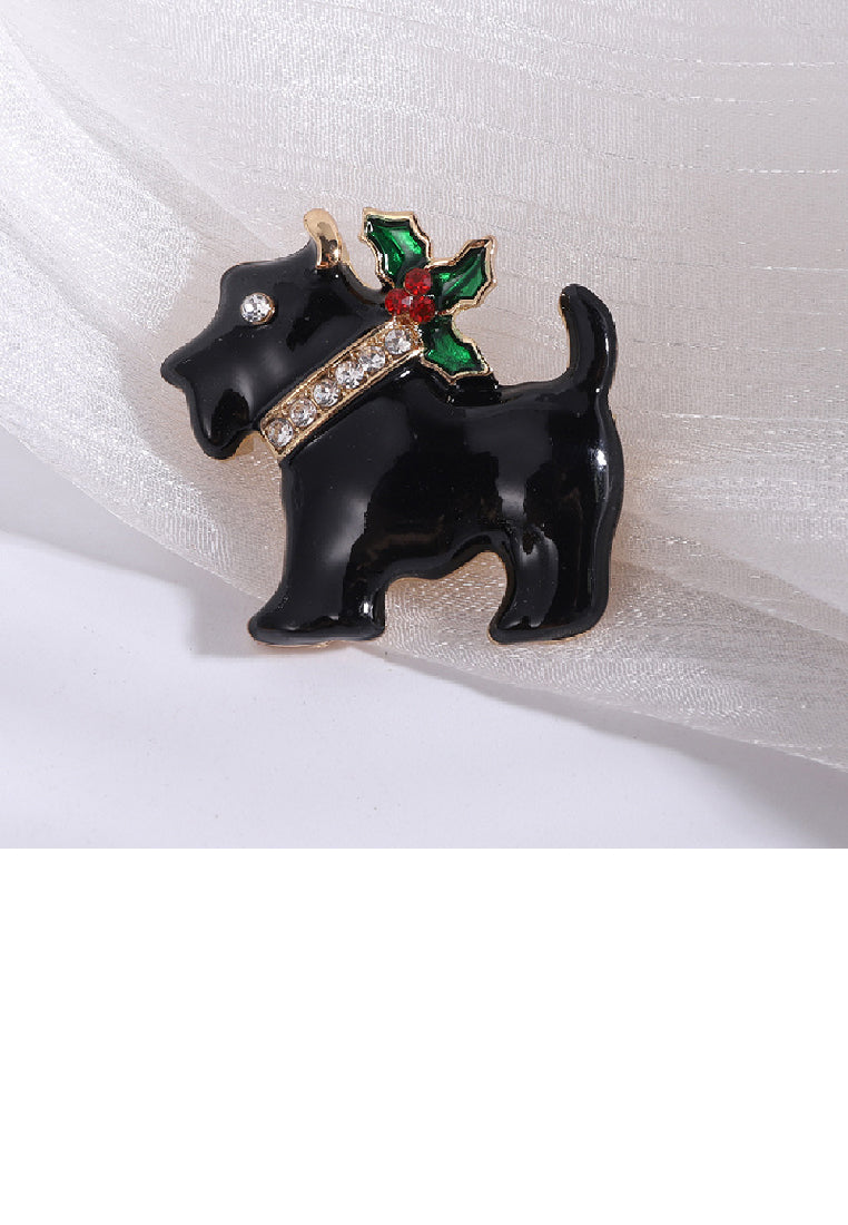 Simple Lovely Plated Gold Enamel Black Christmas Dog Brooch with Cubic Zirconia - Luxurious Look