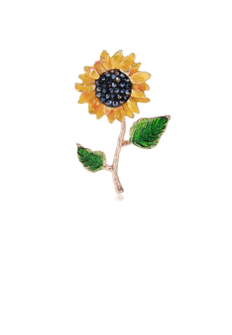 Fashion and Elegant Plated Gold Enamel Sunflower Brooch with Black Cubic Zirconia - Luxurious Look