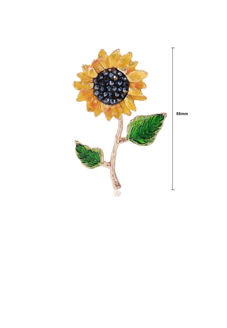 Fashion and Elegant Plated Gold Enamel Sunflower Brooch with Black Cubic Zirconia - Luxurious Look