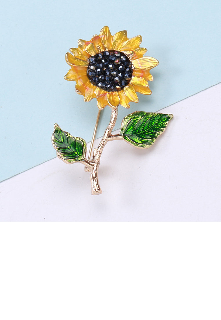 Fashion and Elegant Plated Gold Enamel Sunflower Brooch with Black Cubic Zirconia - Luxurious Look