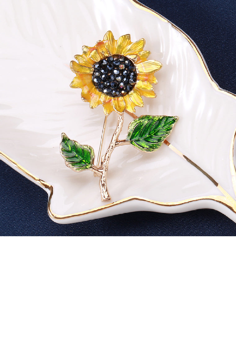 Fashion and Elegant Plated Gold Enamel Sunflower Brooch with Black Cubic Zirconia - Luxurious Look