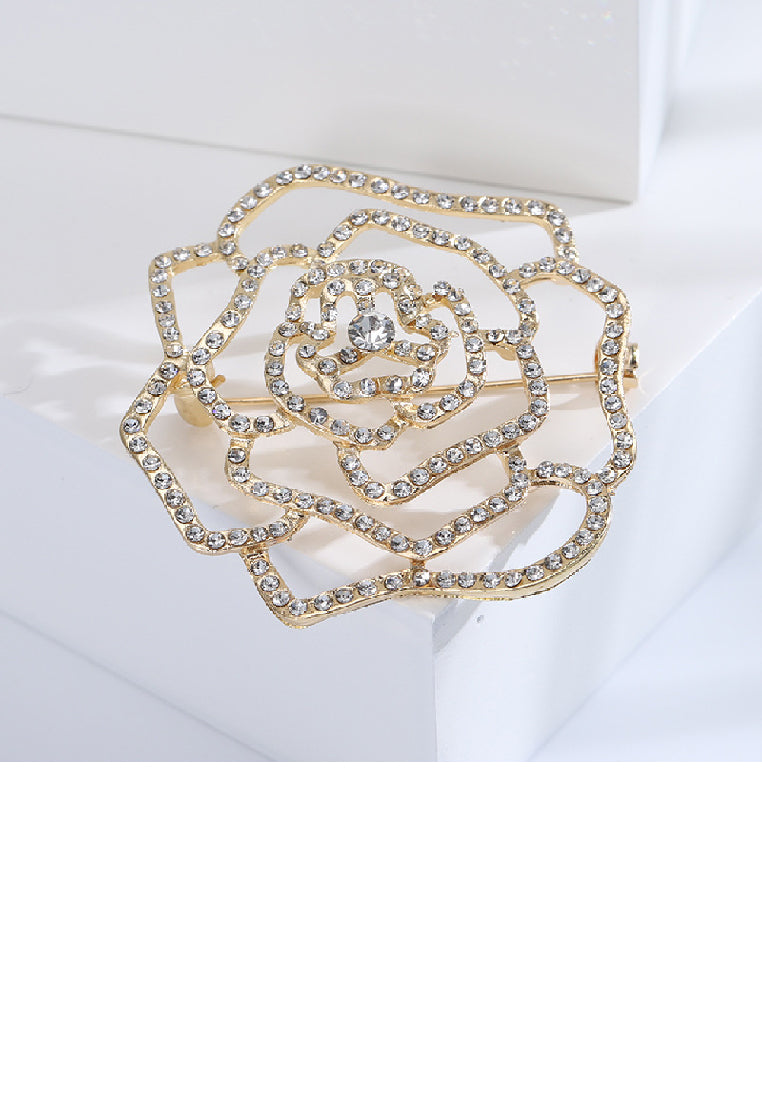 Simple and Temperament Plated Gold Hollow Camellia Brooch with Cubic Zirconia - Luxurious Look