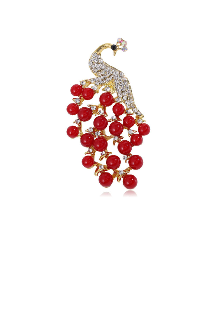 Fashion Temperament Plated Gold Peacock Red Imitation Pearl Brooch with Cubic Zirconia - Luxurious Look - Vibrant Color