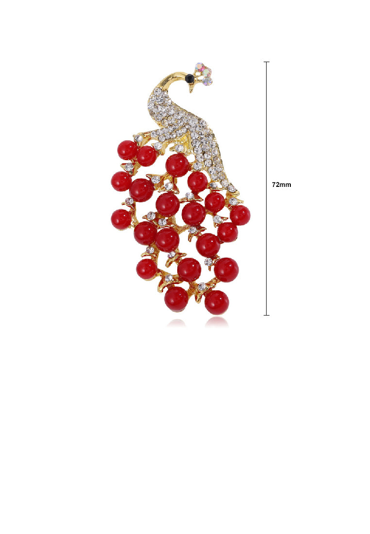 Fashion Temperament Plated Gold Peacock Red Imitation Pearl Brooch with Cubic Zirconia - Luxurious Look - Vibrant Color