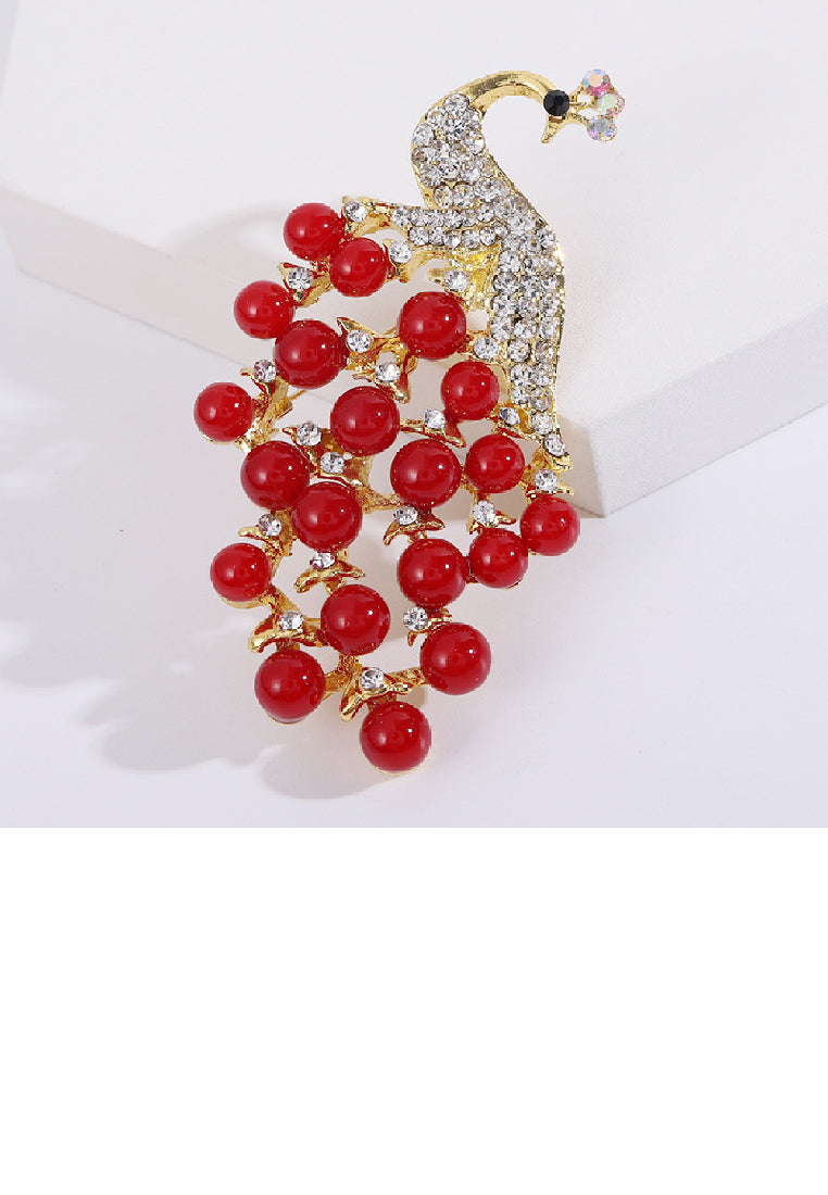 Fashion Temperament Plated Gold Peacock Red Imitation Pearl Brooch with Cubic Zirconia - Luxurious Look - Vibrant Color