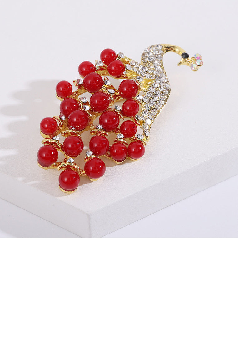 Fashion Temperament Plated Gold Peacock Red Imitation Pearl Brooch with Cubic Zirconia - Luxurious Look - Vibrant Color