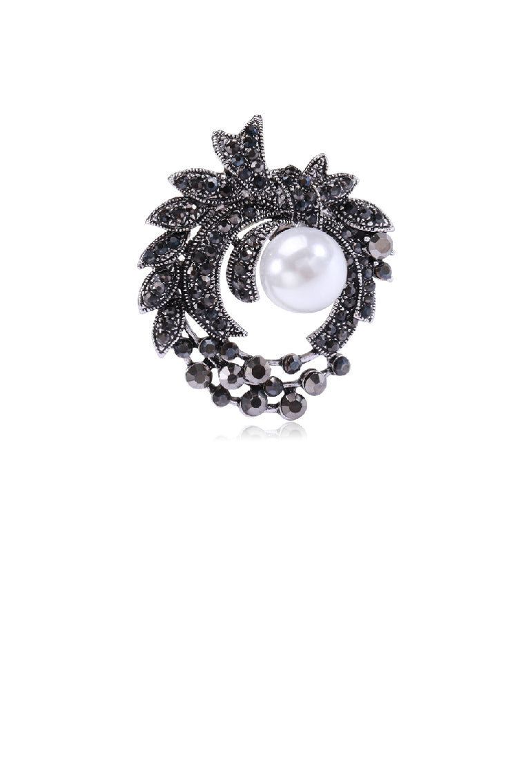 Elegant Brilliant Plated Black Floral Geometric Round Imitation Pearl Brooch with Cubic Zirconia - Luxurious Look