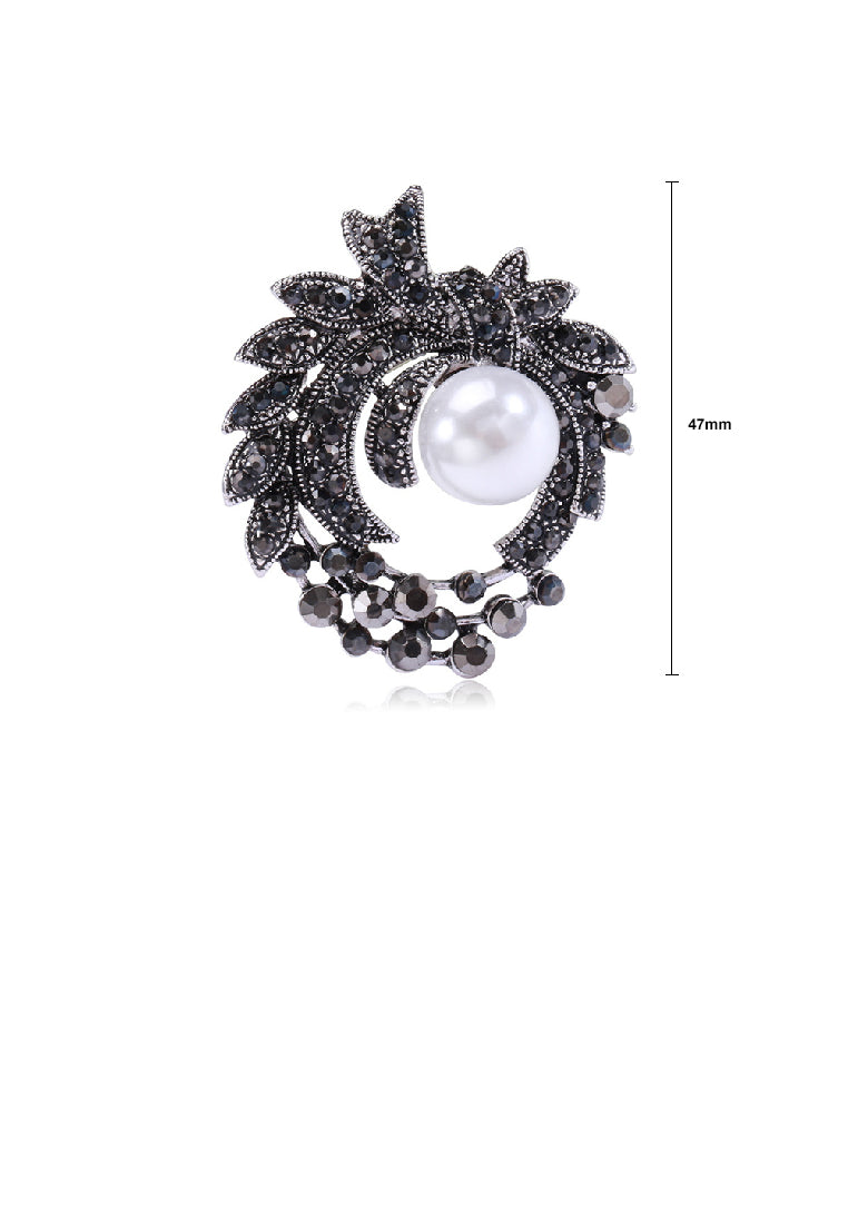 Elegant Brilliant Plated Black Floral Geometric Round Imitation Pearl Brooch with Cubic Zirconia - Luxurious Look