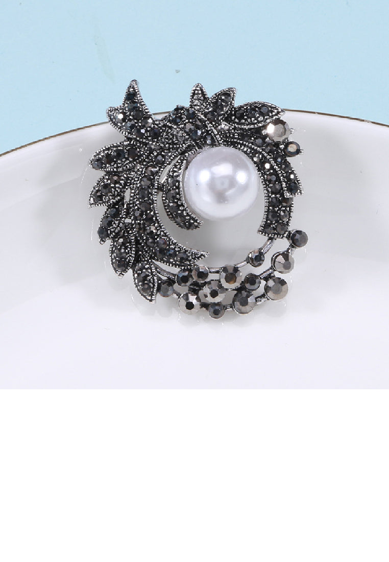 Elegant Brilliant Plated Black Floral Geometric Round Imitation Pearl Brooch with Cubic Zirconia - Luxurious Look