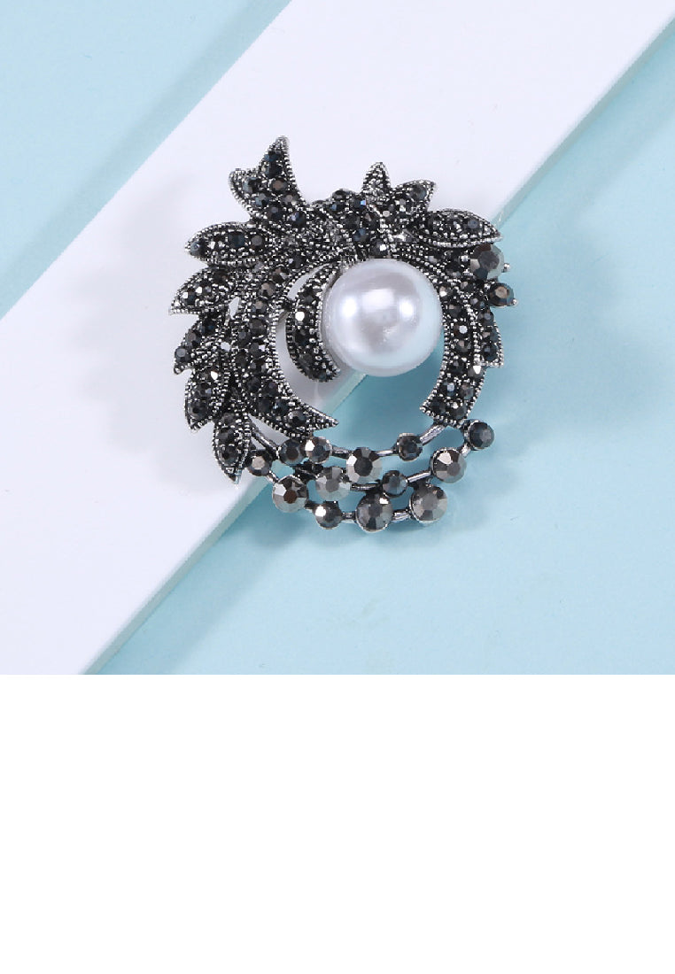 Elegant Brilliant Plated Black Floral Geometric Round Imitation Pearl Brooch with Cubic Zirconia - Luxurious Look