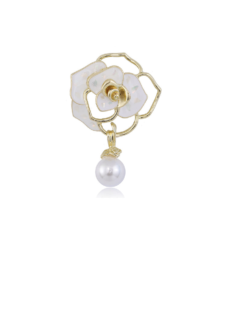 Fashion Temperament Plated Gold Hollow Camellia Imitation Pearl Brooch - Luxurious Look